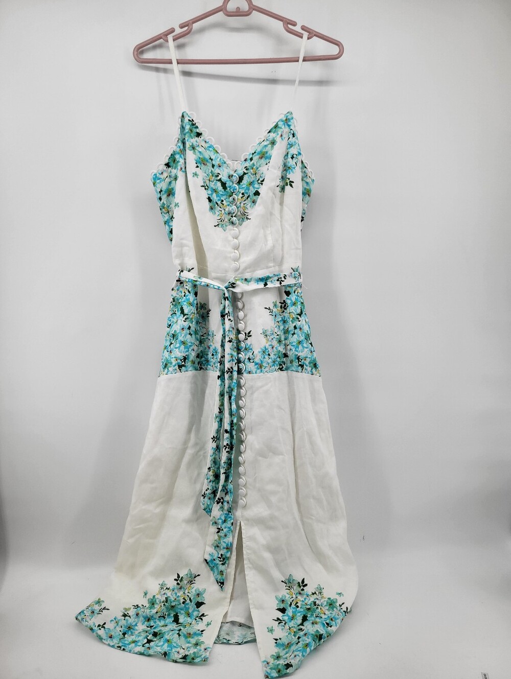 Elie Tahari Floral White and Aqua Maxi Dress with Belt Size 10 Linen